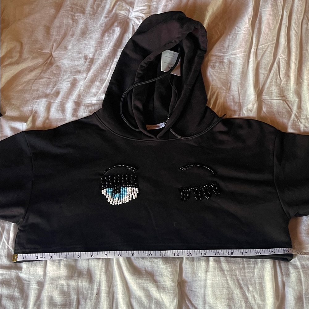 Chiara Ferragni NWT Black Cropped Hoodie with Flirting Beaded Wink Detail - Picture 13 of 14
